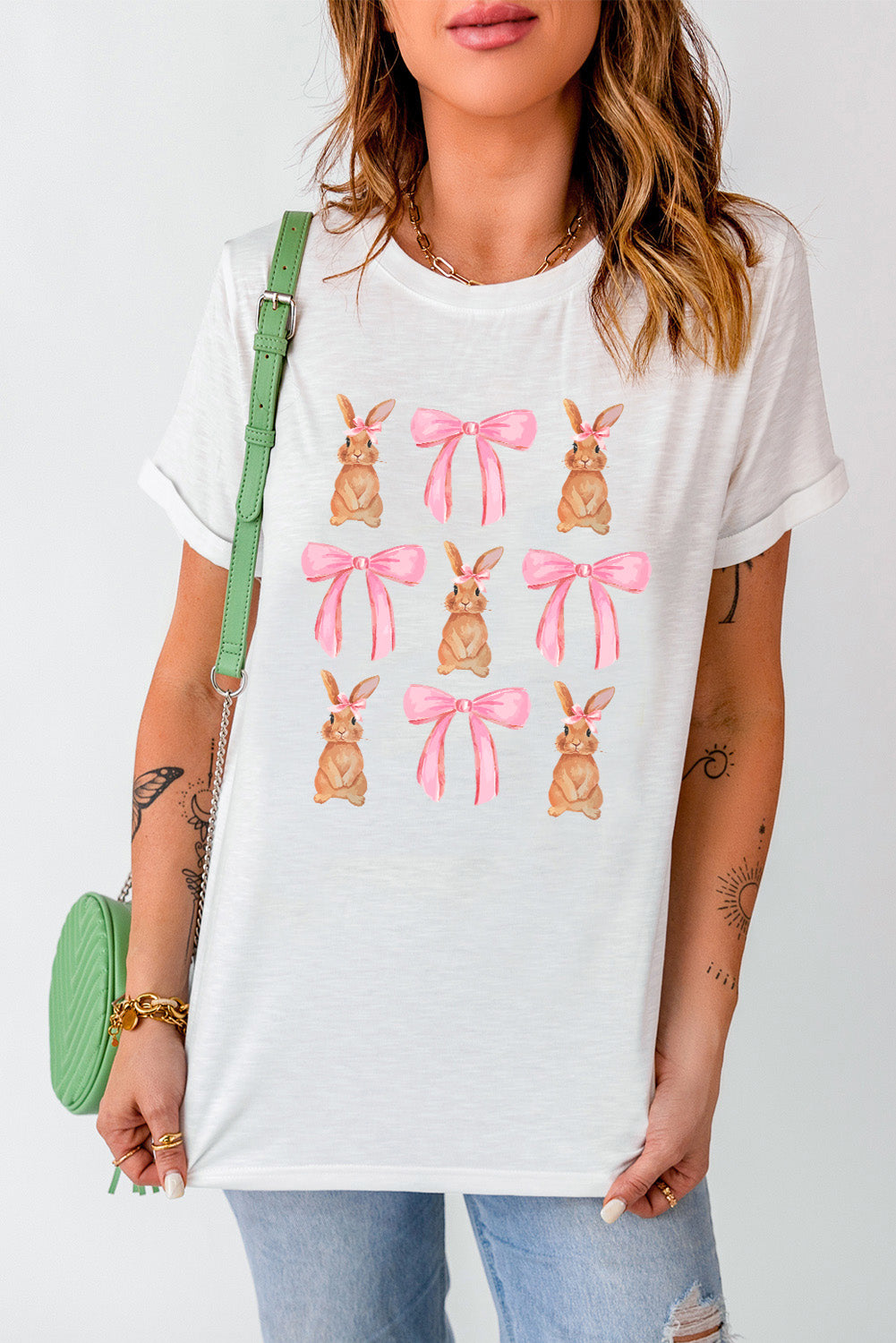 White Rabbit Bow Knot Print Crew Neck T Shirt-Graphic/Graphic Tees-[Adult]-[Female]-2022 Online Blue Zone Planet