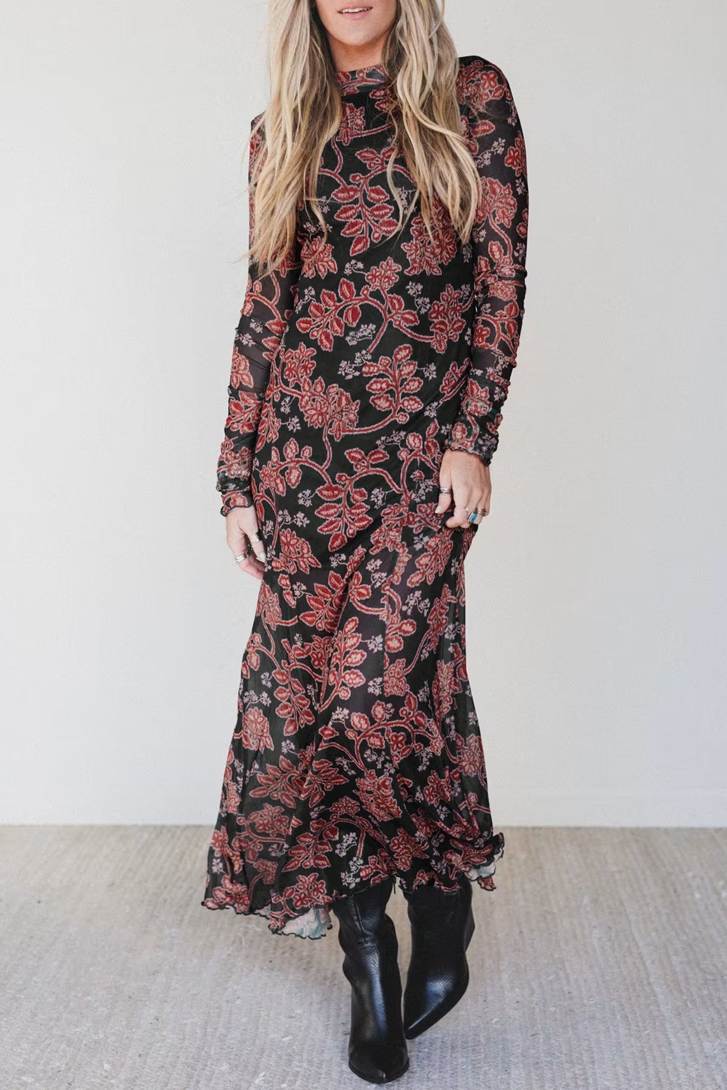 Black Retro Floral Print Long Sleeve Casual Mesh Dress-Dresses/Maxi Dresses-[Adult]-[Female]-2022 Online Blue Zone Planet