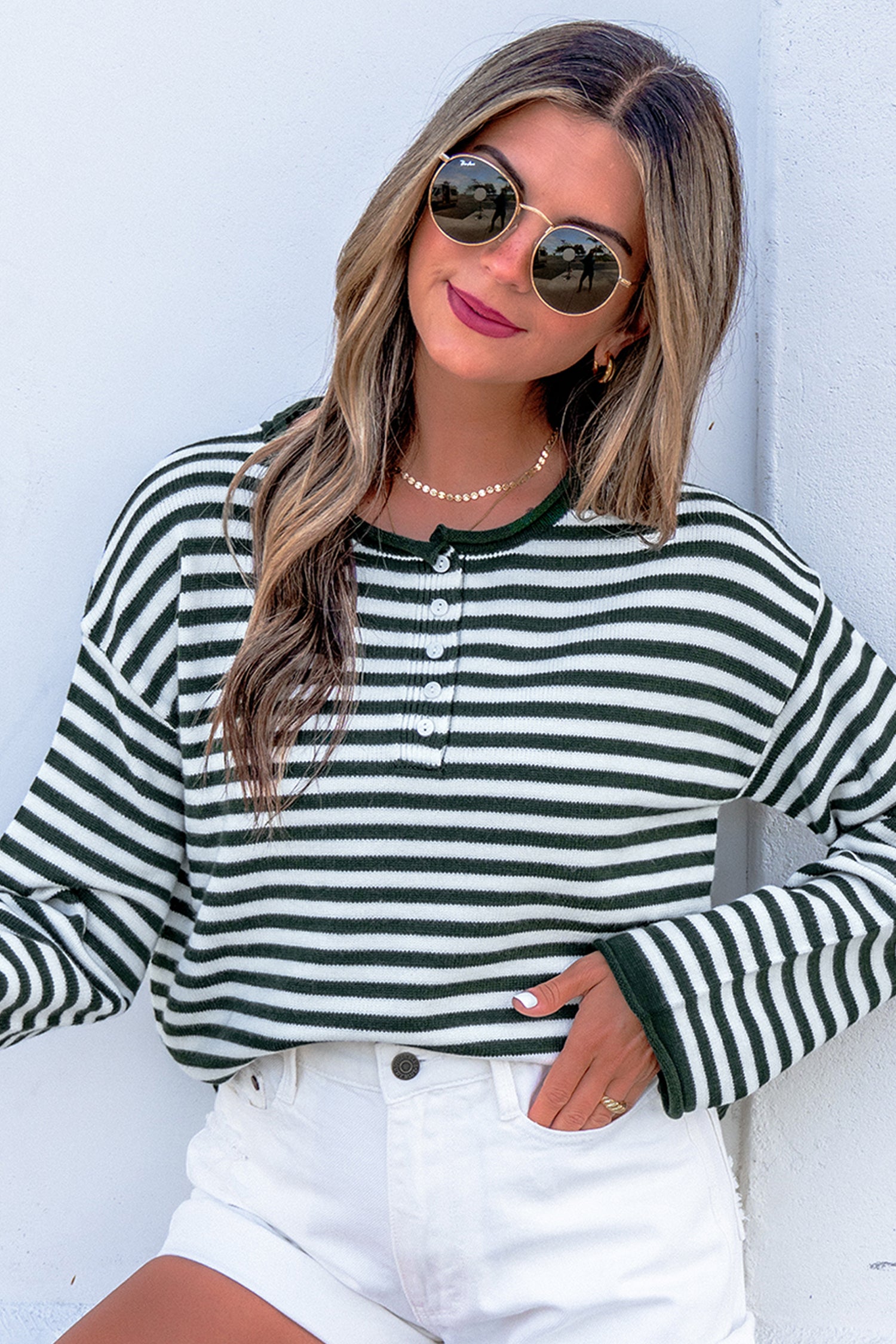 Green Stripe Striped Button Placket Drop Shoulder Long Sleeve Sweater-Sweaters & Cardigans/Sweaters-[Adult]-[Female]-2022 Online Blue Zone Planet