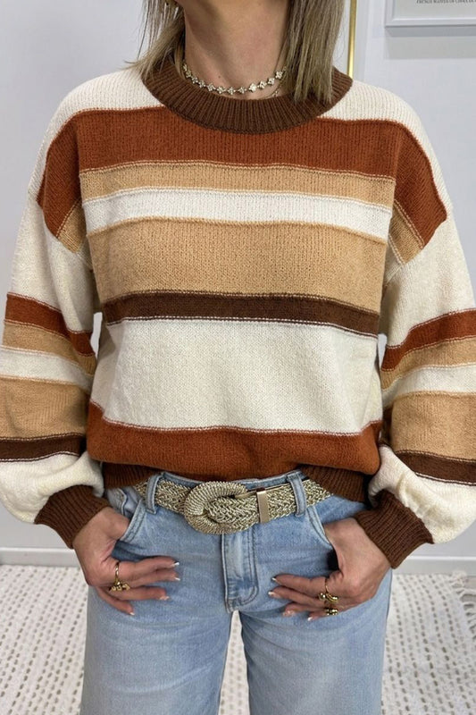 Multicolour Striped Crew Neck Long Sleeve Knit Sweater-Sweaters & Cardigans/Sweaters-[Adult]-[Female]-Multicolour-S-2022 Online Blue Zone Planet