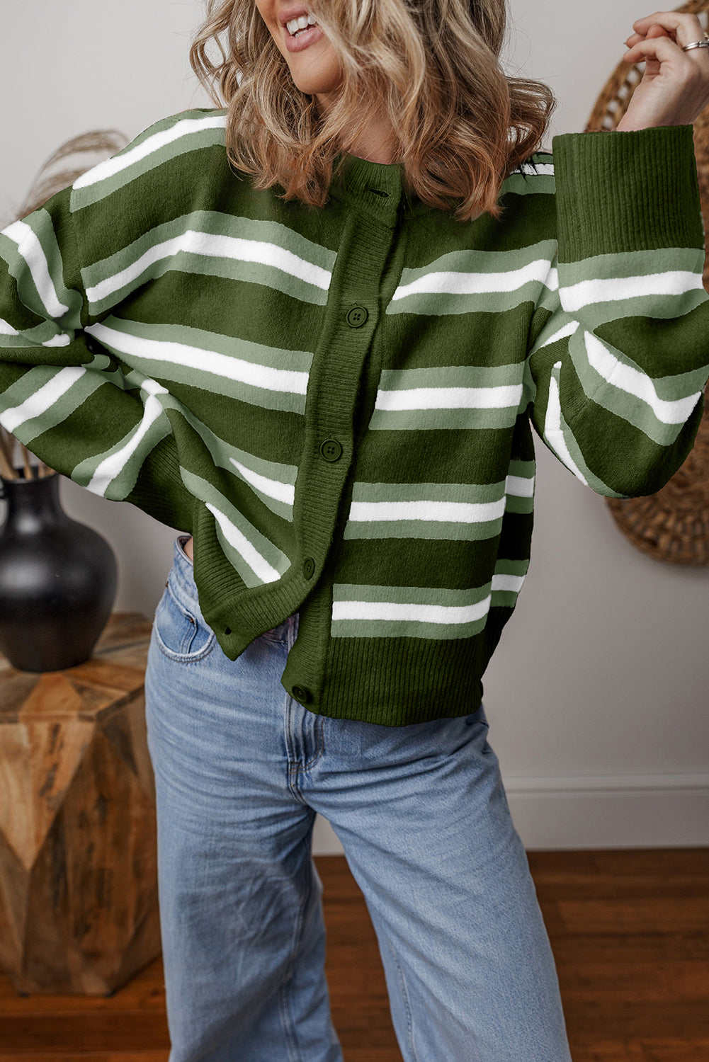 Green Stripe Drop Shoulder Buttons Cardigan Sweater-Sweaters & Cardigans/Cardigans-[Adult]-[Female]-2022 Online Blue Zone Planet