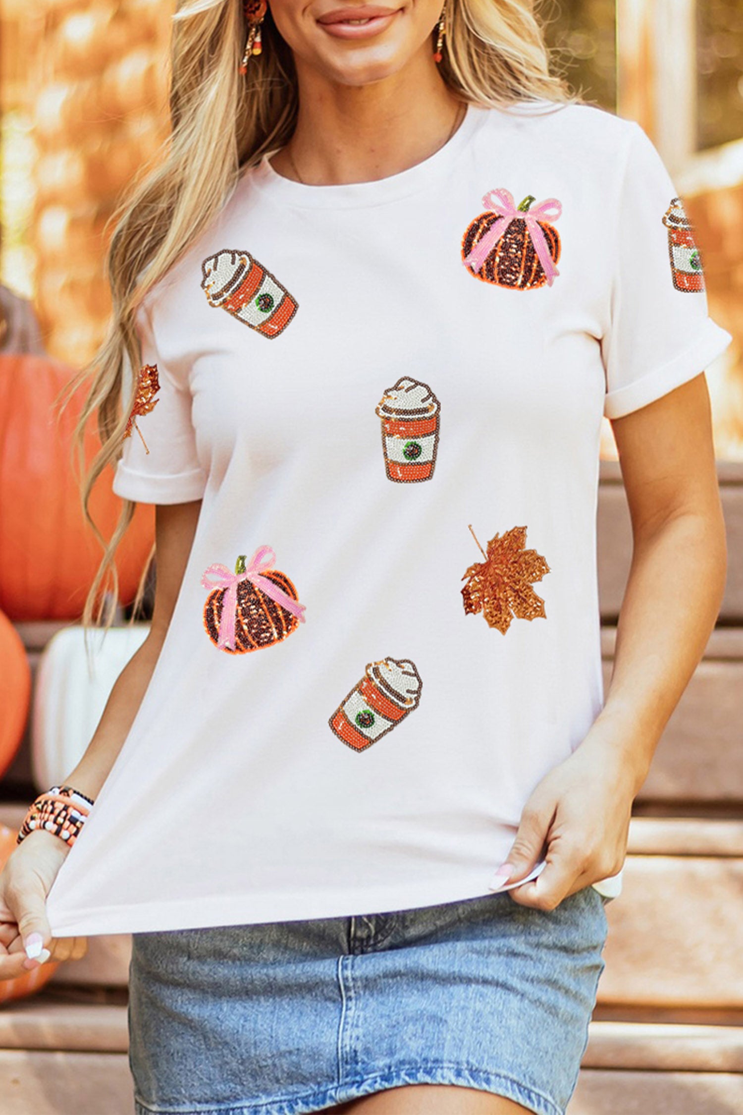 White Sequined Pumpkin Fall Graphic Casual Shift T Shirt-Graphic/Graphic Tees-[Adult]-[Female]-2022 Online Blue Zone Planet