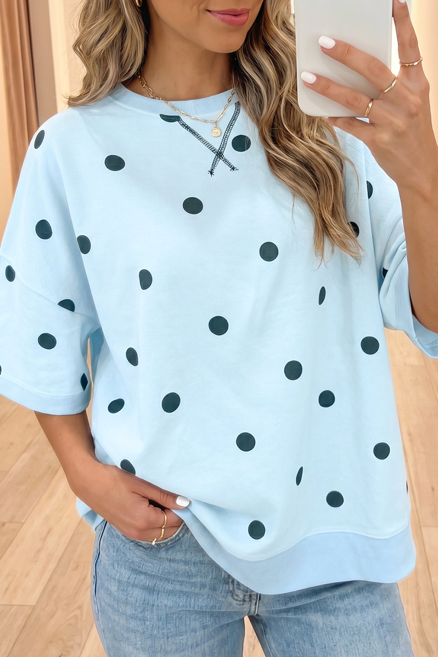 Yellow Polka Dot Print Crossed Seam Detail Oversize Tee-Tops/Tops & Tees-[Adult]-[Female]-2022 Online Blue Zone Planet