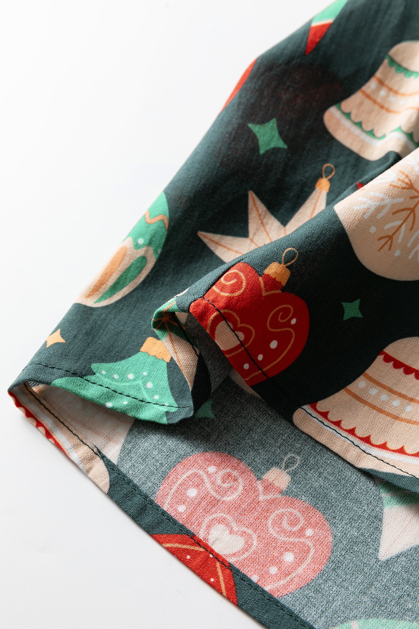 Green Christmas Fashion Print Contrast Trim Frilled Neck Short Sleeve Blouse-Tops/Blouses & Shirts-[Adult]-[Female]-2022 Online Blue Zone Planet