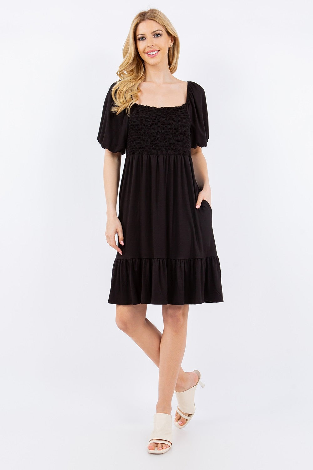 Celeste Full Size Ruffle Hem Short Sleeve Smocked Dress-TOPS / DRESSES-[Adult]-[Female]-Black-S-2022 Online Blue Zone Planet