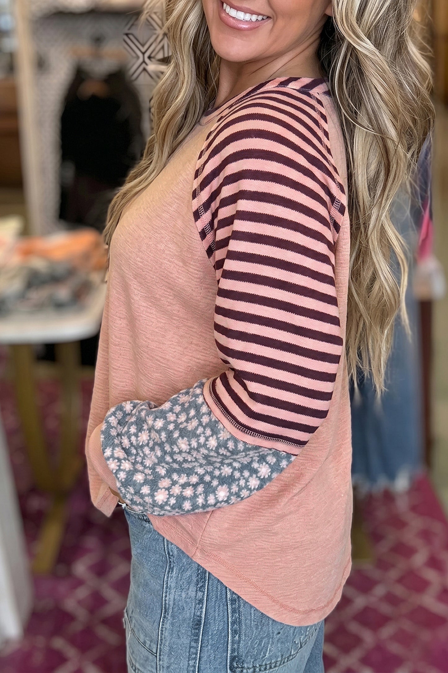Light Pink V Neck Colorblock Patchwork Striped Floral Long Sleeve Casual Top