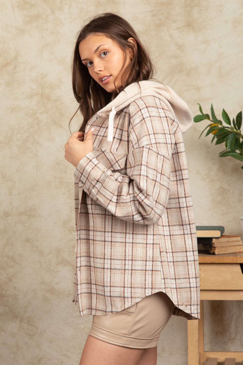 Drawstring Plaid Long Sleeve Hooded Jacket-TOPS / DRESSES-[Adult]-[Female]-2022 Online Blue Zone Planet