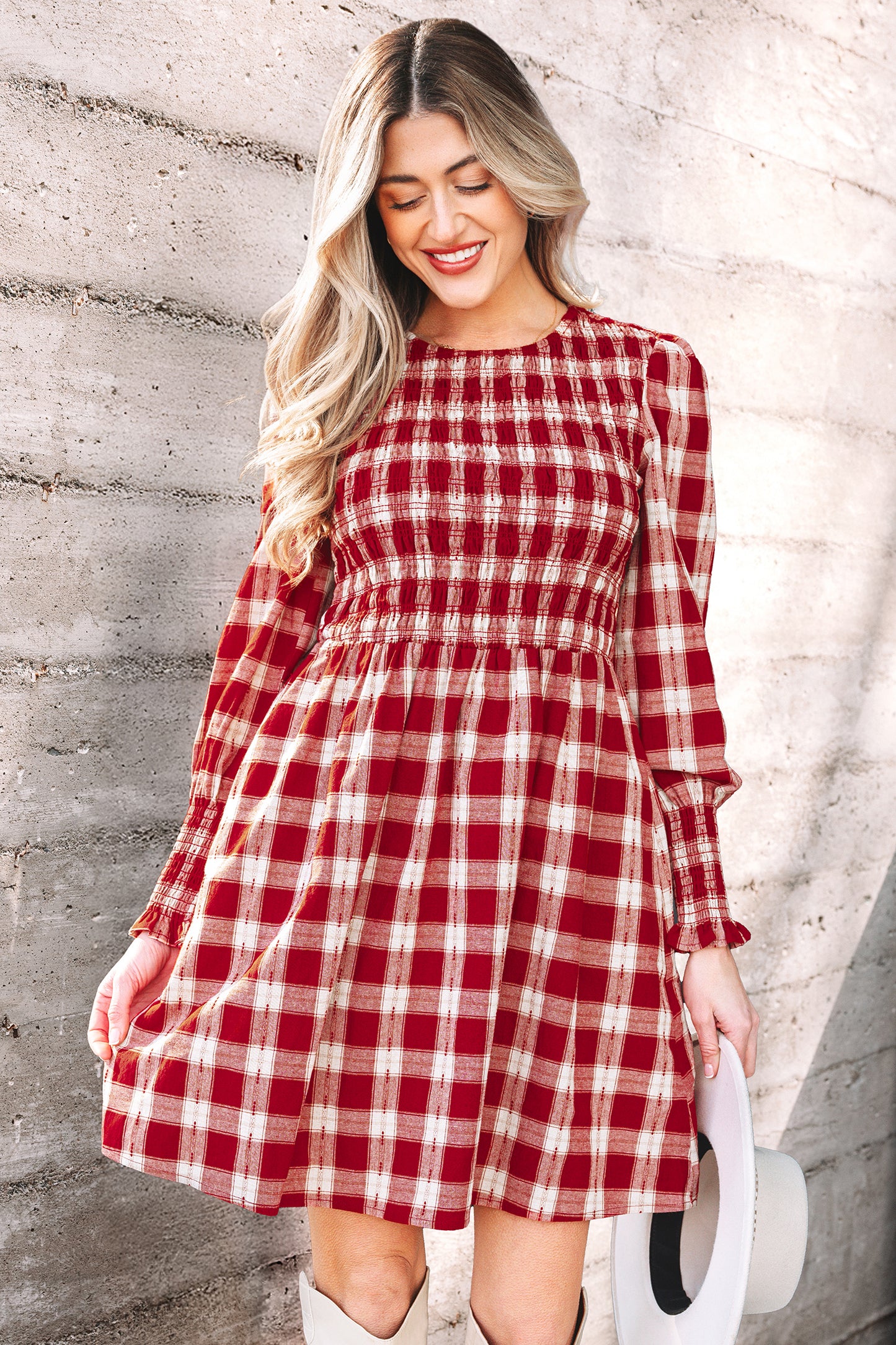 Red Plaid Print Smocked Puff Sleeve Mini Dress-TOPS / DRESSES-[Adult]-[Female]-2022 Online Blue Zone Planet