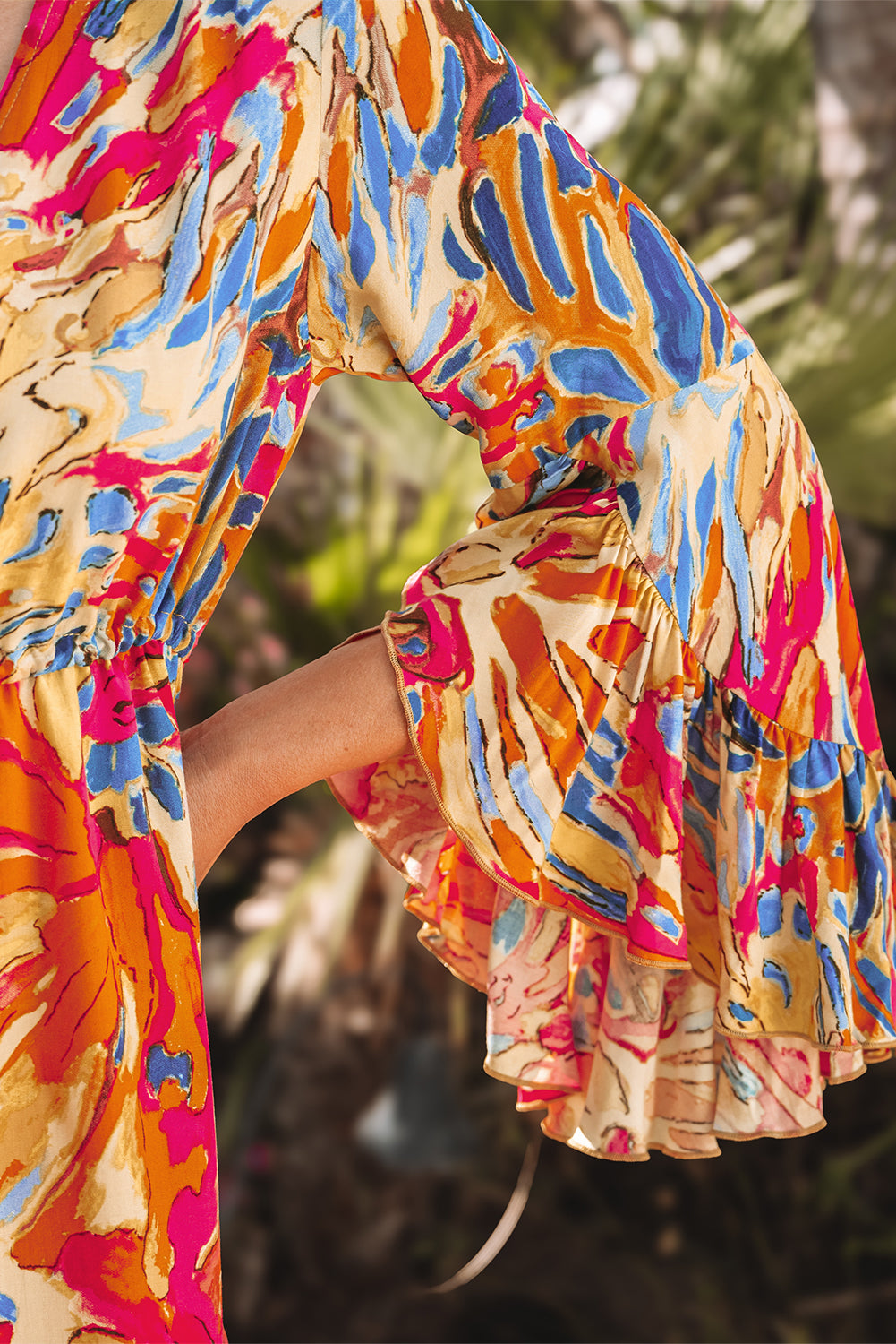 Pink Plant Print Flared Sleeve Ruffled Hem Tunic High Waist Flowy Dress-TOPS / DRESSES-[Adult]-[Female]-2022 Online Blue Zone Planet