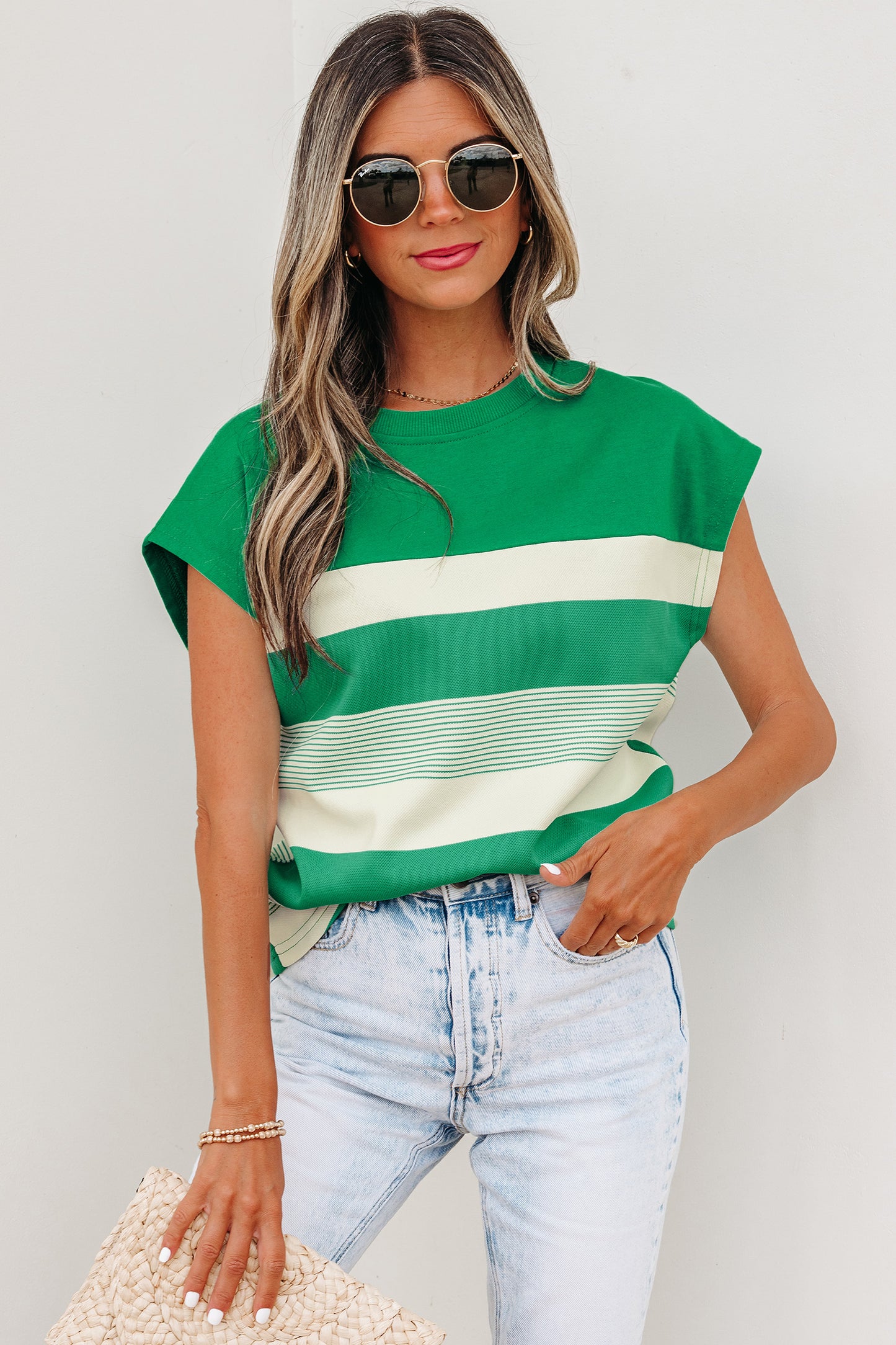 Green Stripe Mixed Print Crew Neck Cap Sleeve T Shirt-Tops/Tops & Tees-[Adult]-[Female]-2022 Online Blue Zone Planet