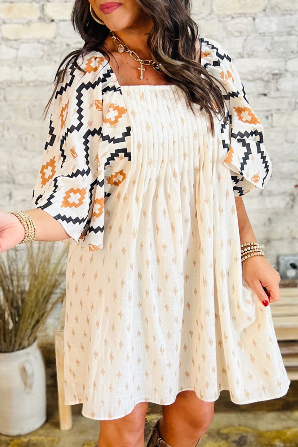 Geometric Square Neck Half Sleeve Mini Dress-TOPS / DRESSES-[Adult]-[Female]-2022 Online Blue Zone Planet