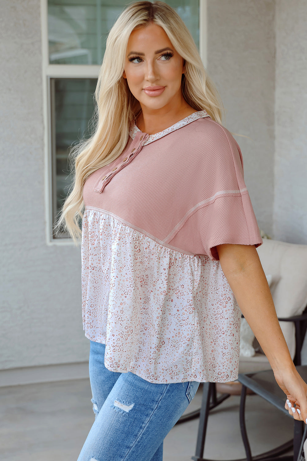 Pink Waffle Floral Patchwork Exposed Seam Detail Short Sleeve Top-Tops/Tops & Tees-[Adult]-[Female]-2022 Online Blue Zone Planet