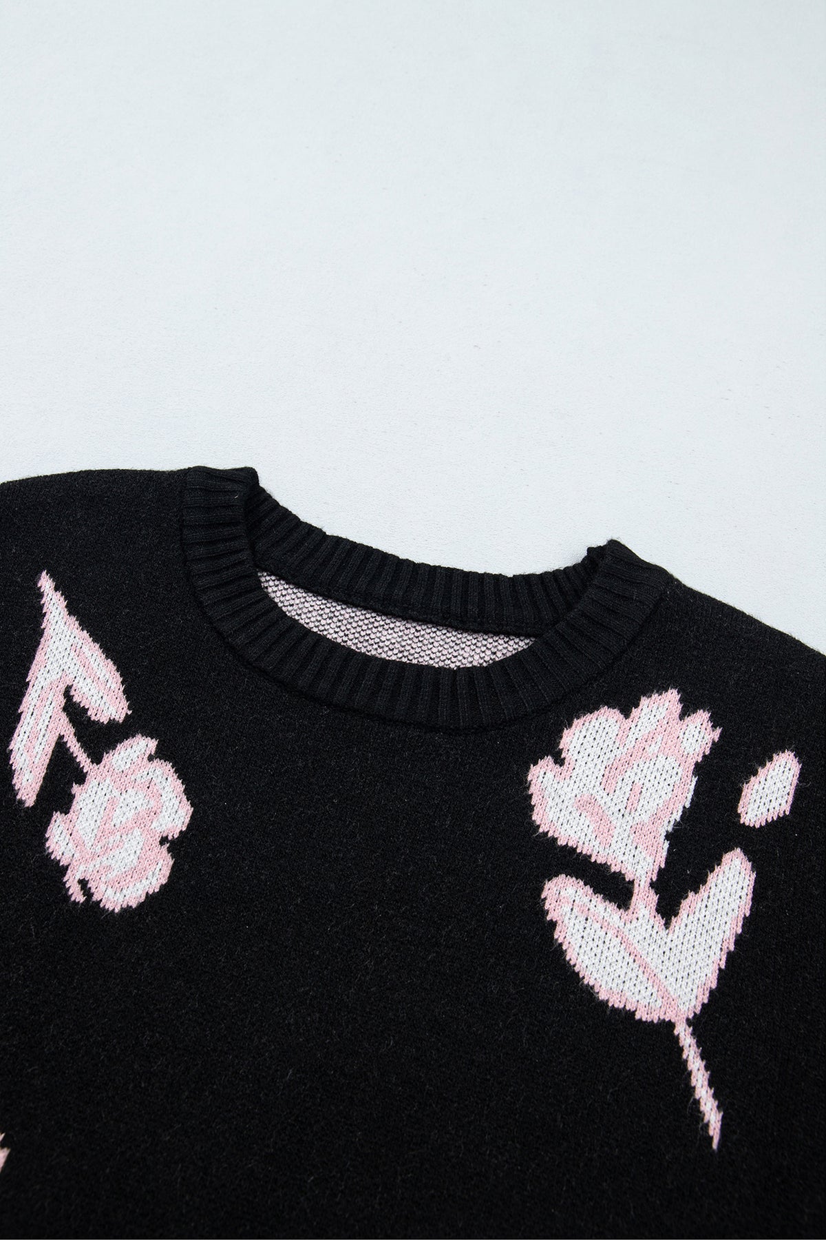 Black Floral Pattern Puff Sleeve Dropped Shoulder Pullover Sweater-Sweaters & Cardigans/Sweaters-[Adult]-[Female]-2022 Online Blue Zone Planet