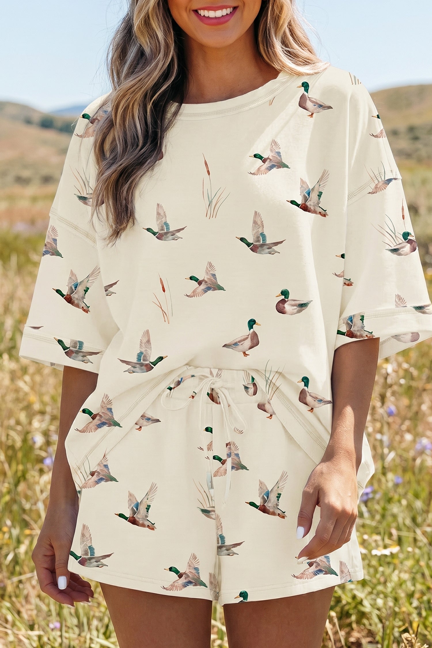 Beige Mallard Duck Print Oversized Tee Drawstring Short Set-Two Piece Sets/Short Sets-[Adult]-[Female]-2022 Online Blue Zone Planet