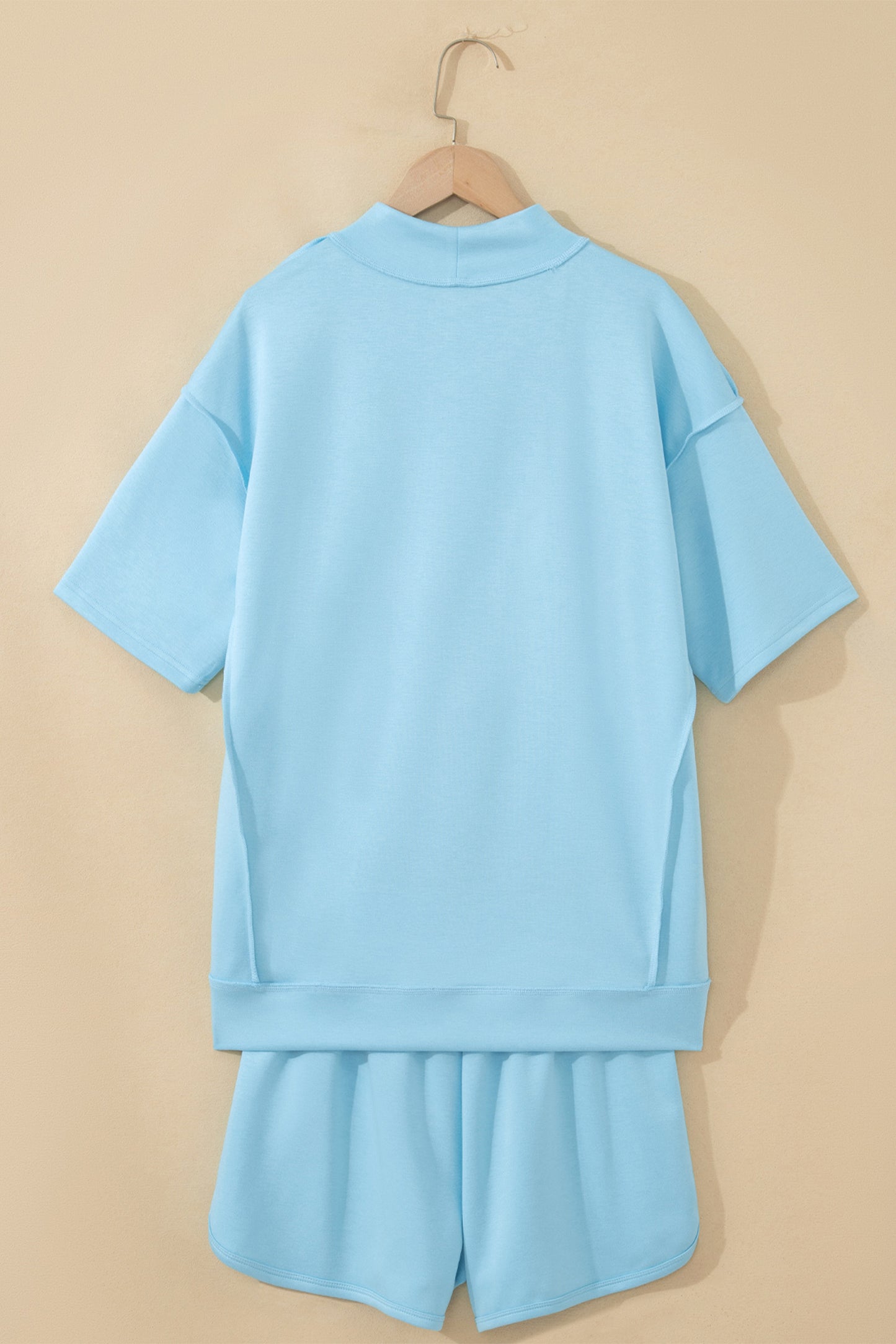Light Pink Solid Color Exposed Seam Mock Neck Oversize Tee Casual Shorts 2pcs Outfit-Two Piece Sets/Short Sets-[Adult]-[Female]-2022 Online Blue Zone Planet