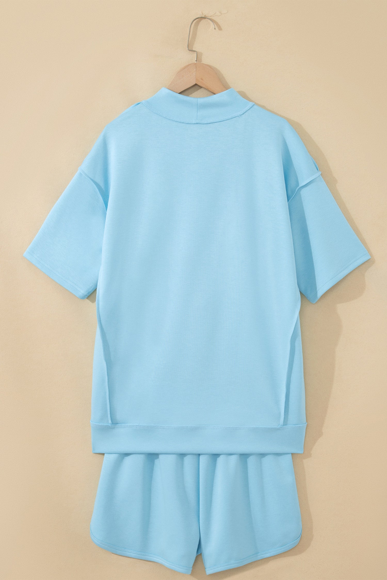 Light Pink Solid Color Exposed Seam Mock Neck Oversize Tee Casual Shorts 2pcs Outfit-Two Piece Sets/Short Sets-[Adult]-[Female]-2022 Online Blue Zone Planet