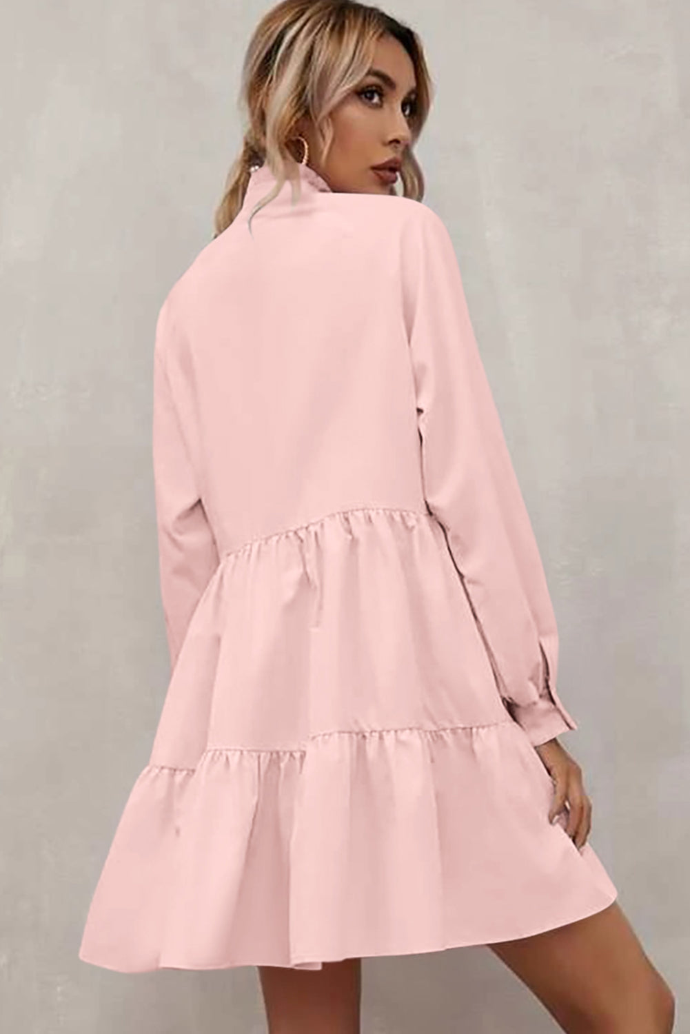 Blue Zone Planet | Pink Frilled Stand Collar Long Sleeve Ruffle Dress-TOPS / DRESSES-[Adult]-[Female]-2022 Online Blue Zone Planet