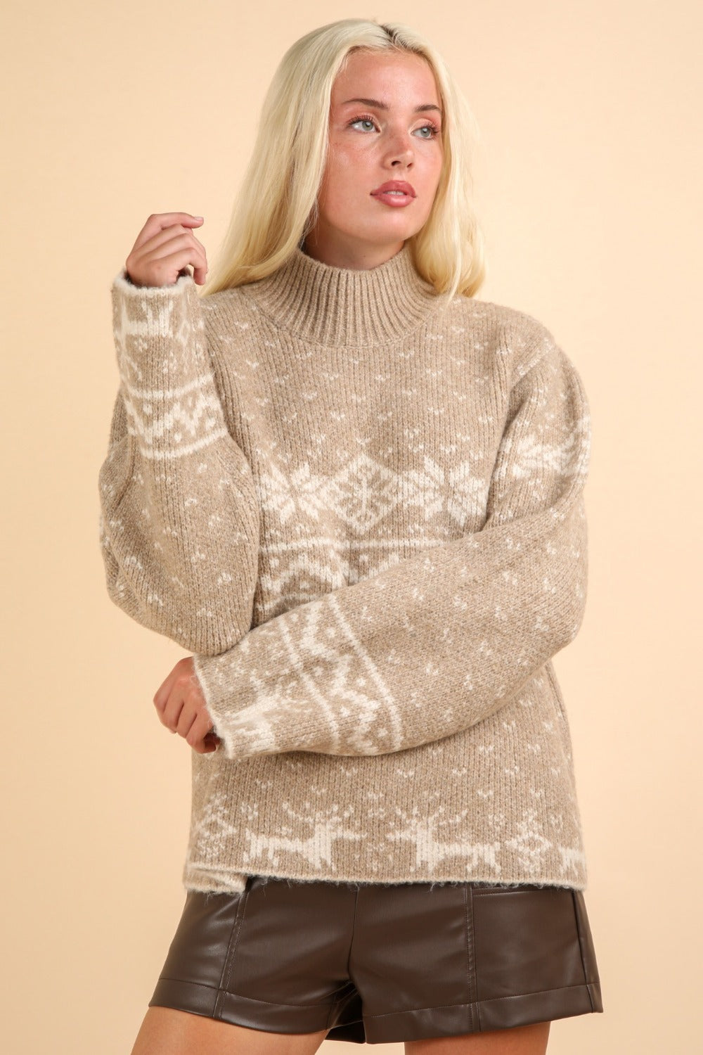 Blue Zone Planet | VERY J Christmas Element Mock Neck Long Sleeve Sweater-TOPS / DRESSES-[Adult]-[Female]-2022 Online Blue Zone Planet