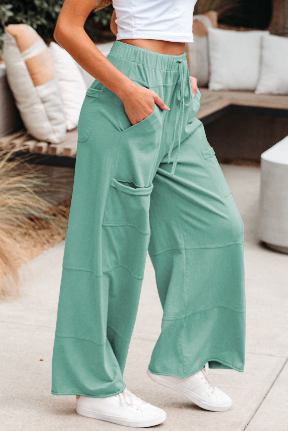 Mint Green Mineral Wash Exposed Seam Drawstring High Waist Wide Leg Cargo Pants-Bottoms/Pants & Culotte-[Adult]-[Female]-2022 Online Blue Zone Planet