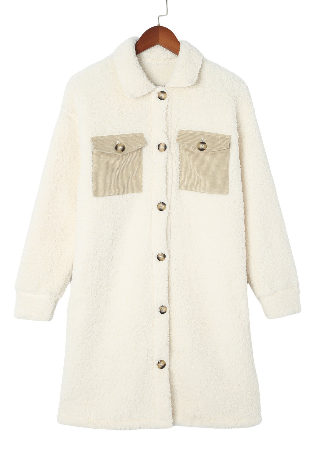 Khaki Contrast Flap Pocket Single Breasted Teddy Coat-Coats-[Adult]-[Female]-2022 Online Blue Zone Planet