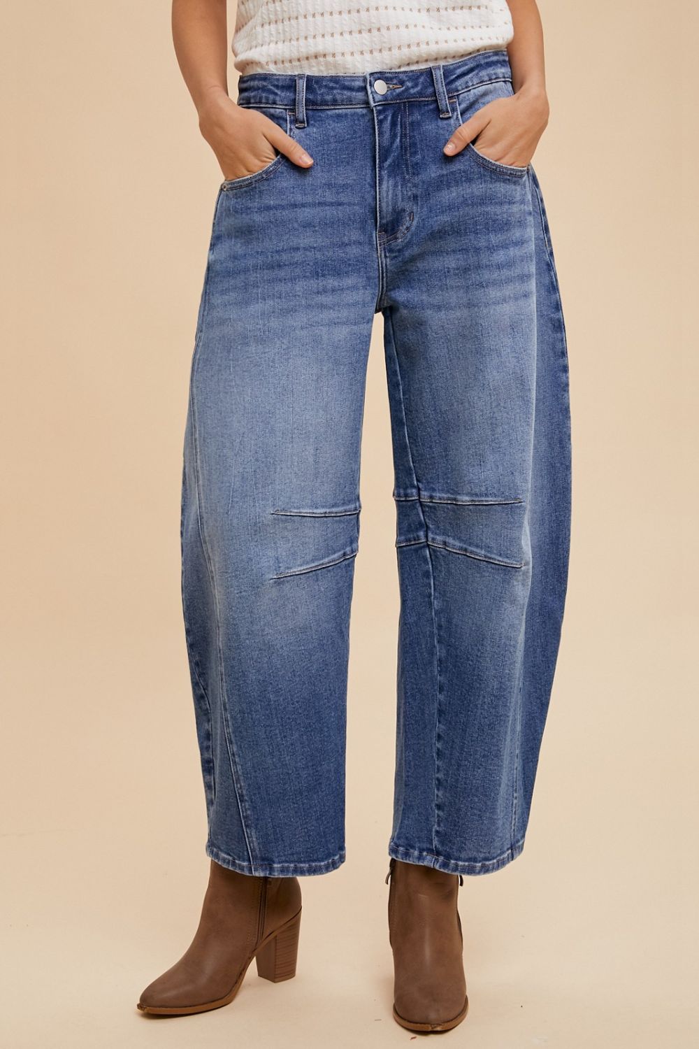 Annie Wear Mid Rise Barrel Leg Jeans with Pockets-BOTTOMS SIZES SMALL MEDIUM LARGE-[Adult]-[Female]-Medium-S-2022 Online Blue Zone Planet