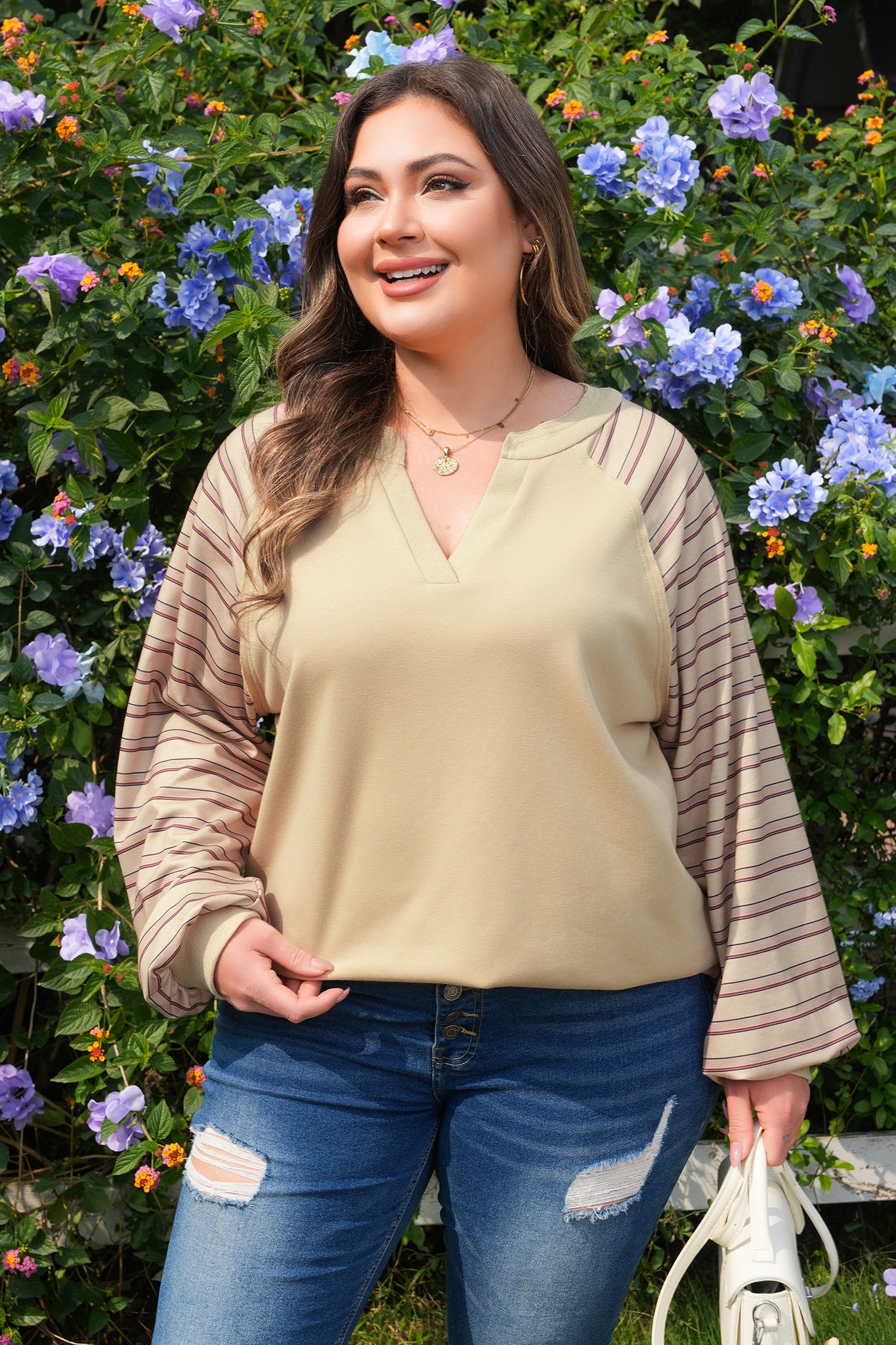 Parchment Striped Raglan Sleeve Notched Neck Raw Edge Plus Size Jumper-Plus Size/Plus Size Tops/Plus Size Long Sleeve Tops-[Adult]-[Female]-2022 Online Blue Zone Planet