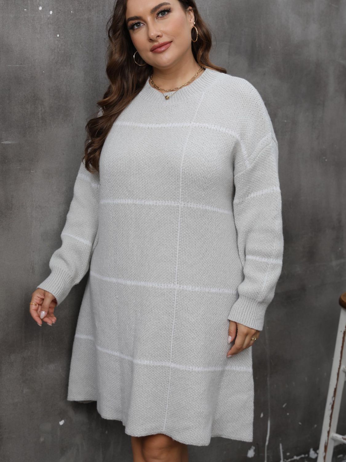 Plus Size Round Neck Long Sleeve Sweater Dress-TOPS / DRESSES-[Adult]-[Female]-2022 Online Blue Zone Planet