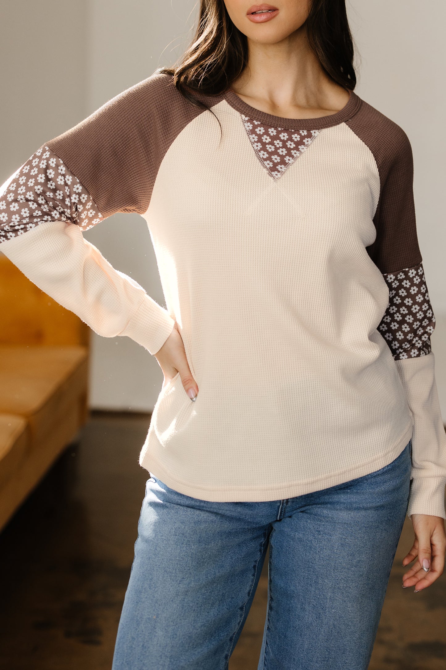 Brown Floral Print Patchwork Color Block Long Sleeve Top-Tops/Long Sleeve Tops-[Adult]-[Female]-2022 Online Blue Zone Planet
