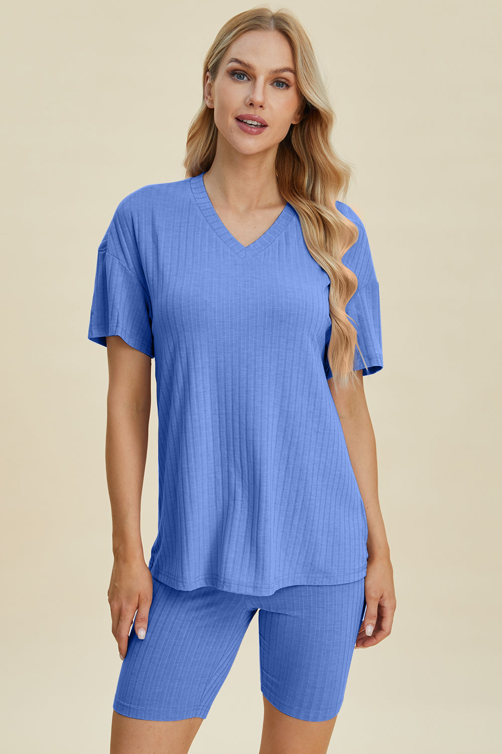 Basic Bae Full Size Ribbed V-Neck Short Sleeve Top and Shorts Set-TOPS / DRESSES-[Adult]-[Female]-Blue-S-2022 Online Blue Zone Planet