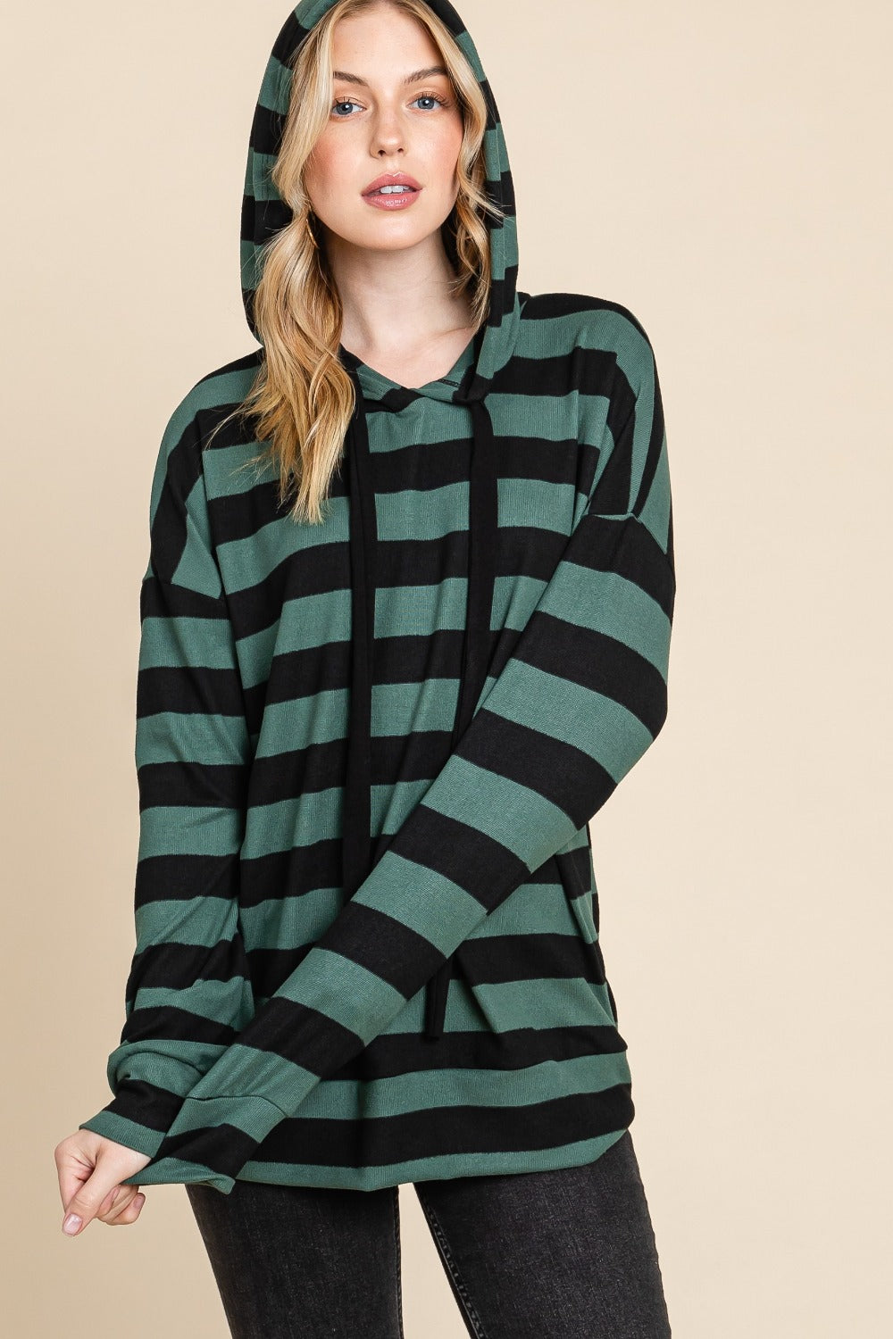 Blue Zone Planet | BOMBOM Drawstring Striped Dropped Shoulder Hoodie-Tops / Dresses-[Adult]-[Female]-2022 Online Blue Zone Planet