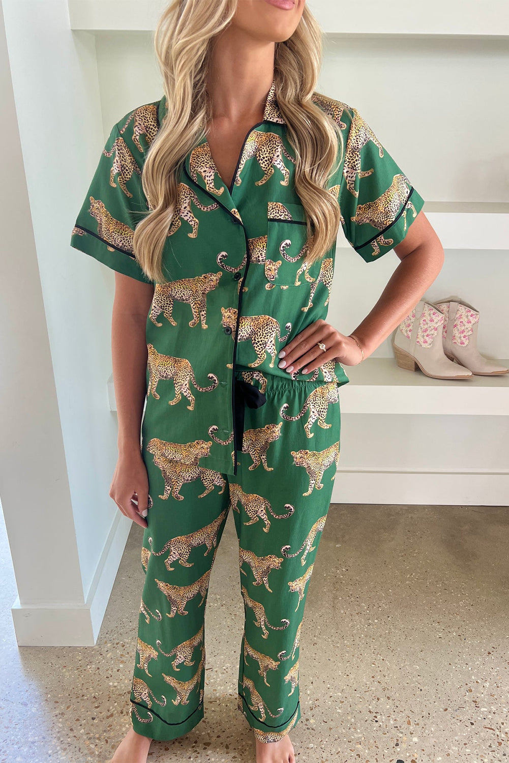 Green Cheetah Print Short Sleeve Shirt and Pants Pajama Set-Loungewear & Sleepwear/Sleepwear-[Adult]-[Female]-Green-S-2022 Online Blue Zone Planet