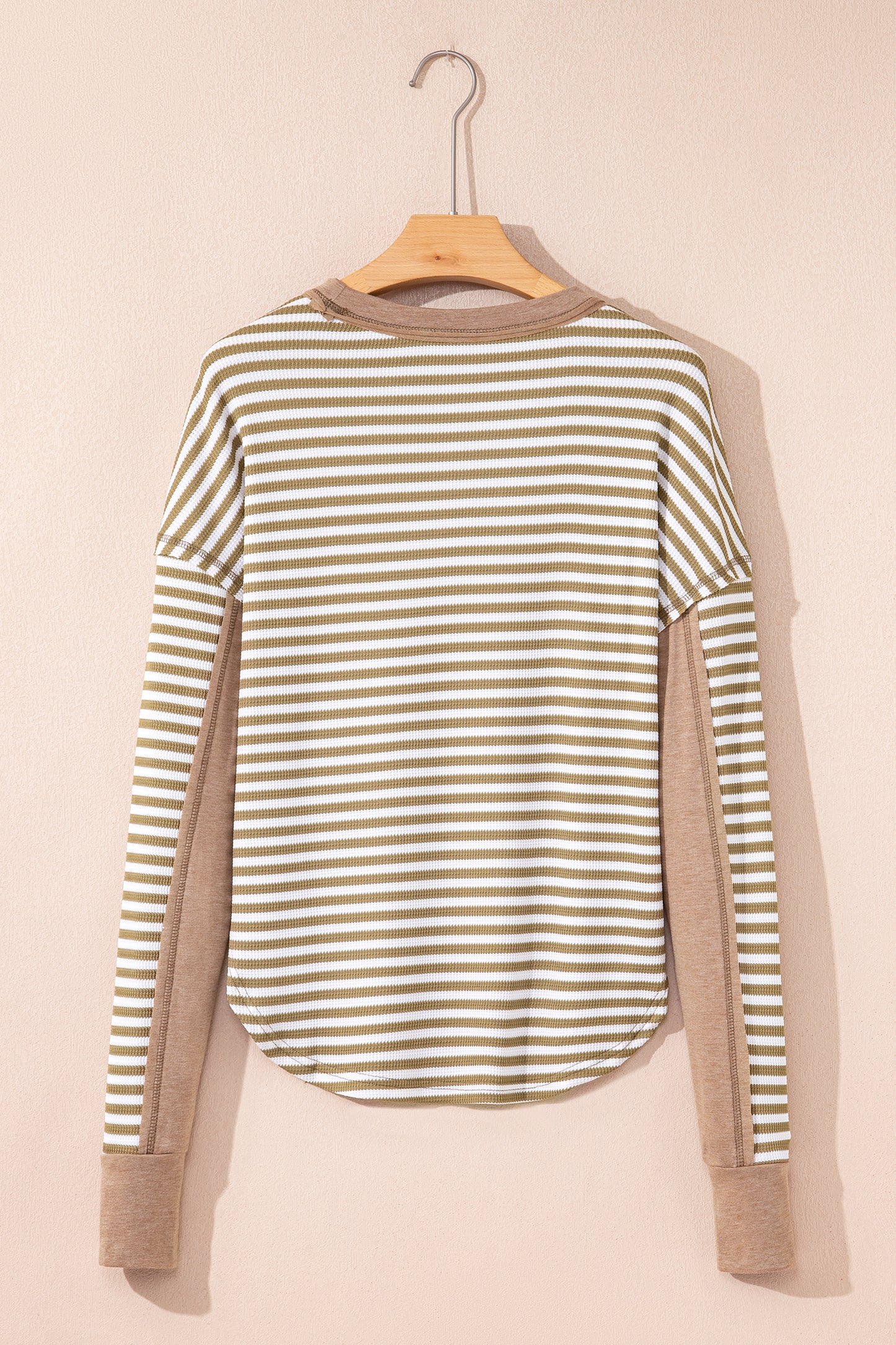 Khaki Stripe Thermal Knit Drop Shoulder Casual Top-Tops/Long Sleeve Tops-[Adult]-[Female]-2022 Online Blue Zone Planet
