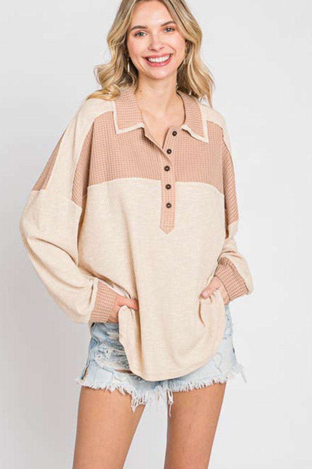 Blue Zone Planet | Waffle-Knit Color Block Half Button Long Sleeve Top-TOPS / DRESSES-[Adult]-[Female]-2022 Online Blue Zone Planet