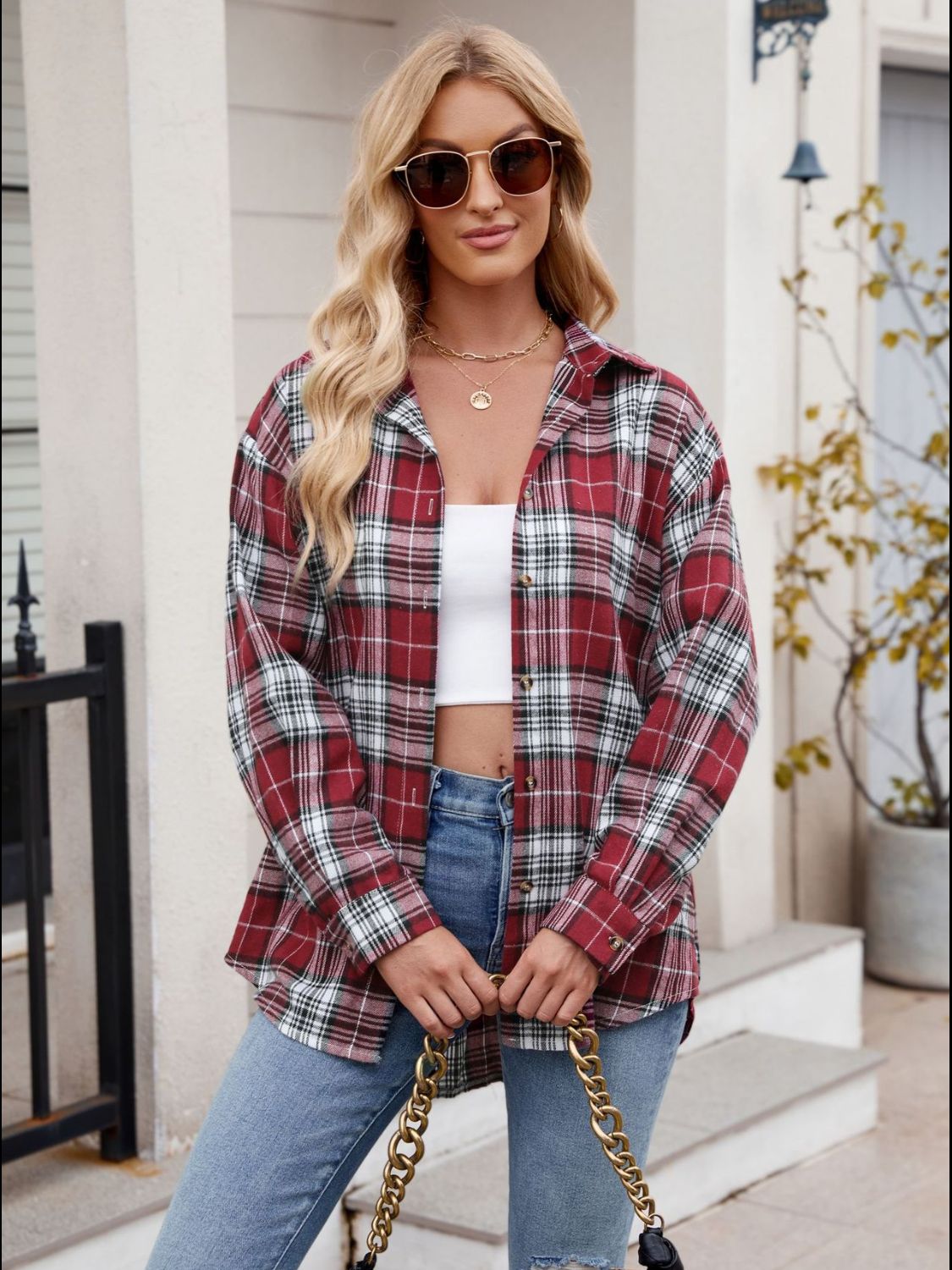 Blue Zone Planet | Mandy Pocketed Plaid Collared Neck Long Sleeve Shirt-TOPS / DRESSES-[Adult]-[Female]-2022 Online Blue Zone Planet