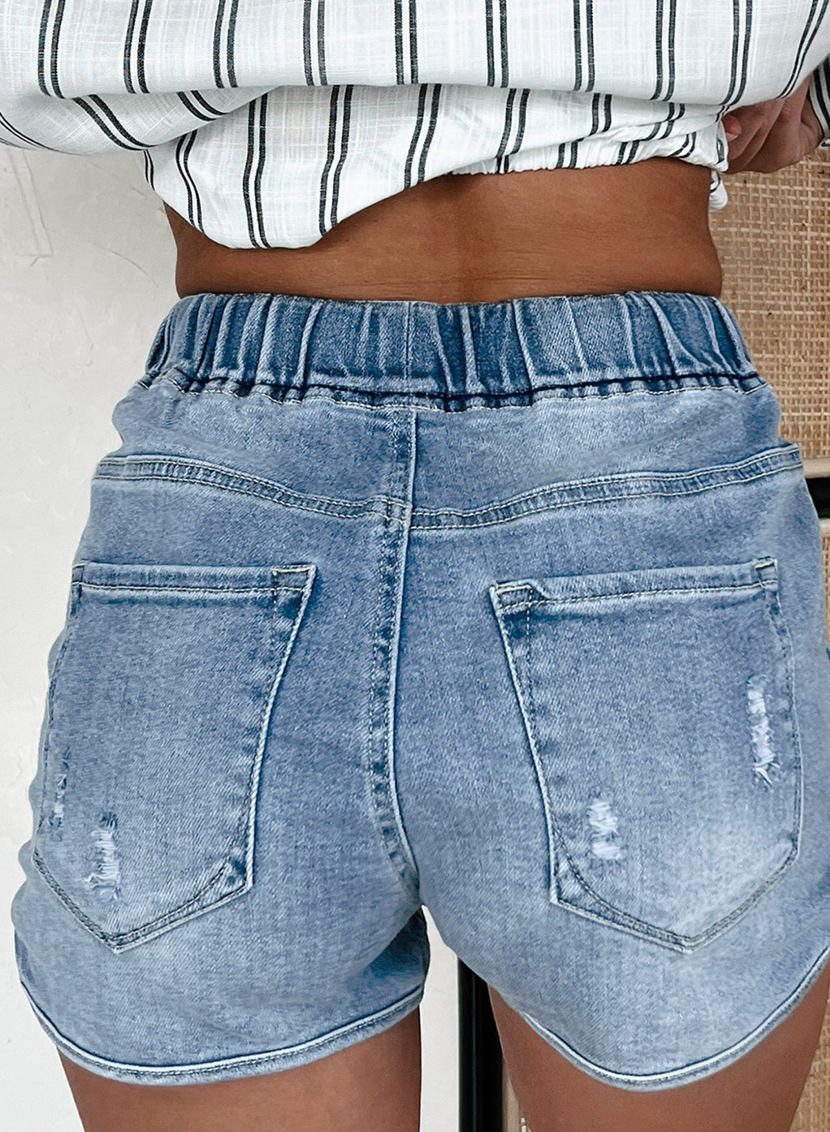 Myosotis Drawstring High Waist Distressed Denim Shorts-Bottoms/Denim Shorts-[Adult]-[Female]-2022 Online Blue Zone Planet