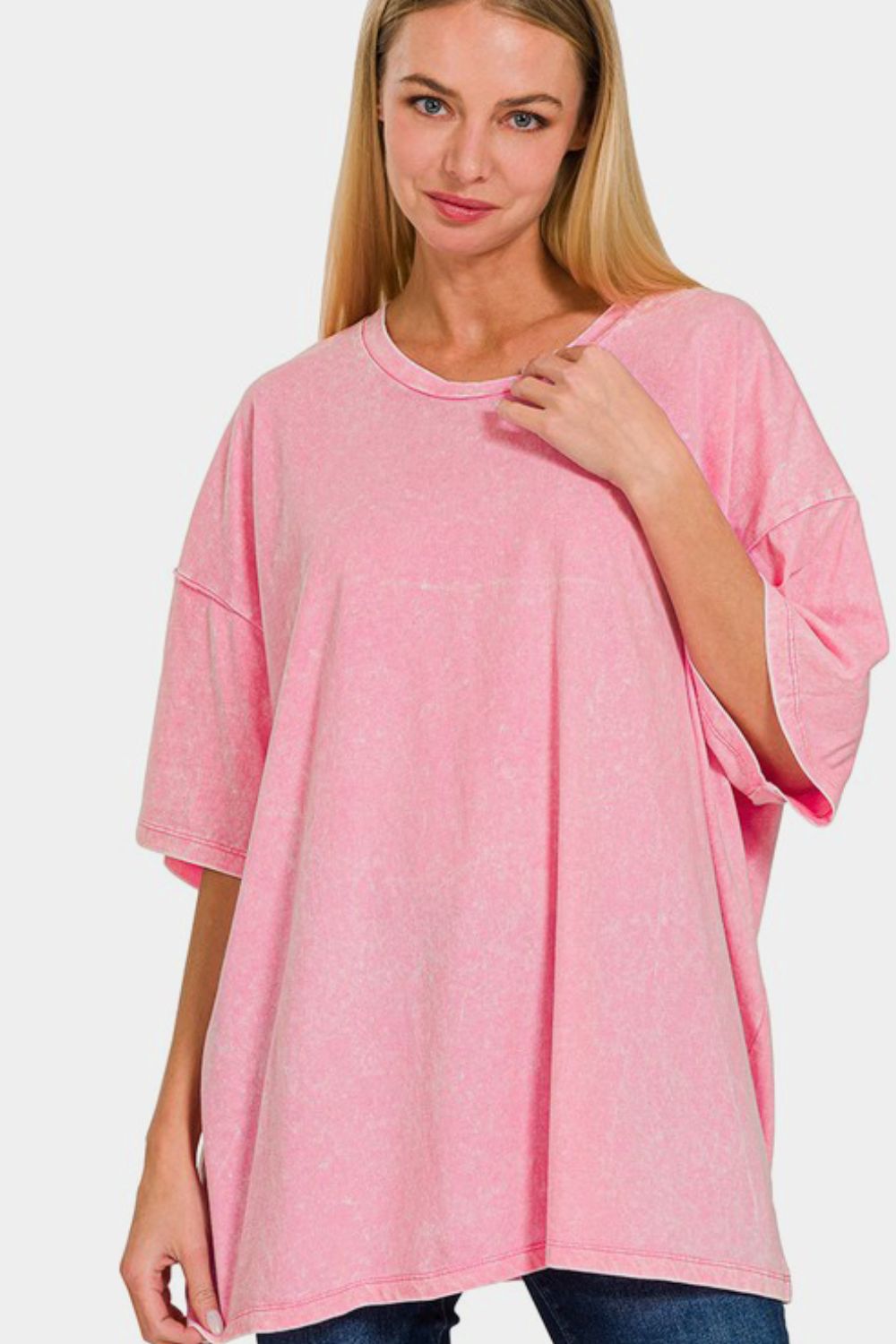 Zenana Full Size Washed Round Neck Drop Shoulder Oversized T-Shirt-TOPS / DRESSES-[Adult]-[Female]-Pink-S/M-2022 Online Blue Zone Planet