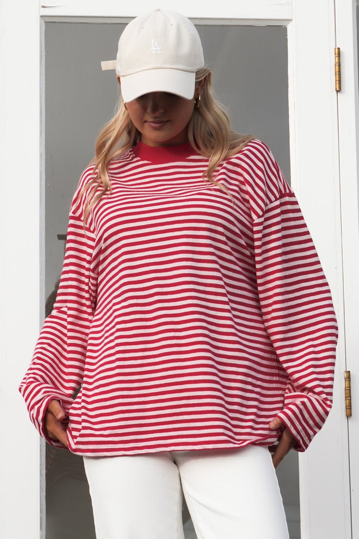 Red Stripe Oversized Long Sleeve Round Neck Top