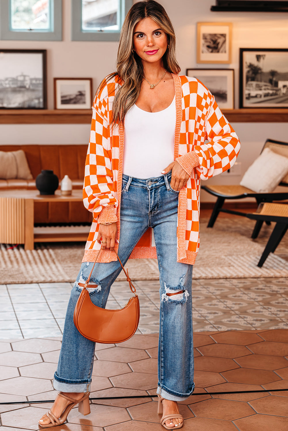 Orange Checkered Open Front Drop Shoulder Cardigan-Sweaters & Cardigans/Cardigans-[Adult]-[Female]-2022 Online Blue Zone Planet
