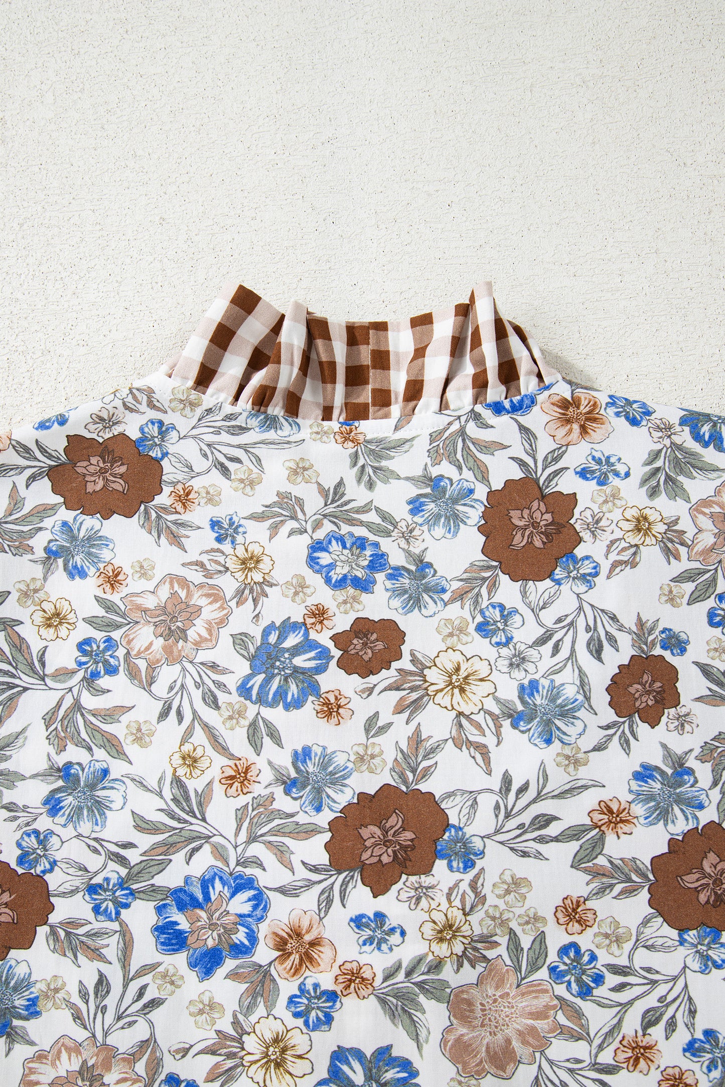 Brown Plaid Frilled Trim V Neck Floral Long Sleeve Blouse-Tops/Blouses & Shirts-[Adult]-[Female]-2022 Online Blue Zone Planet