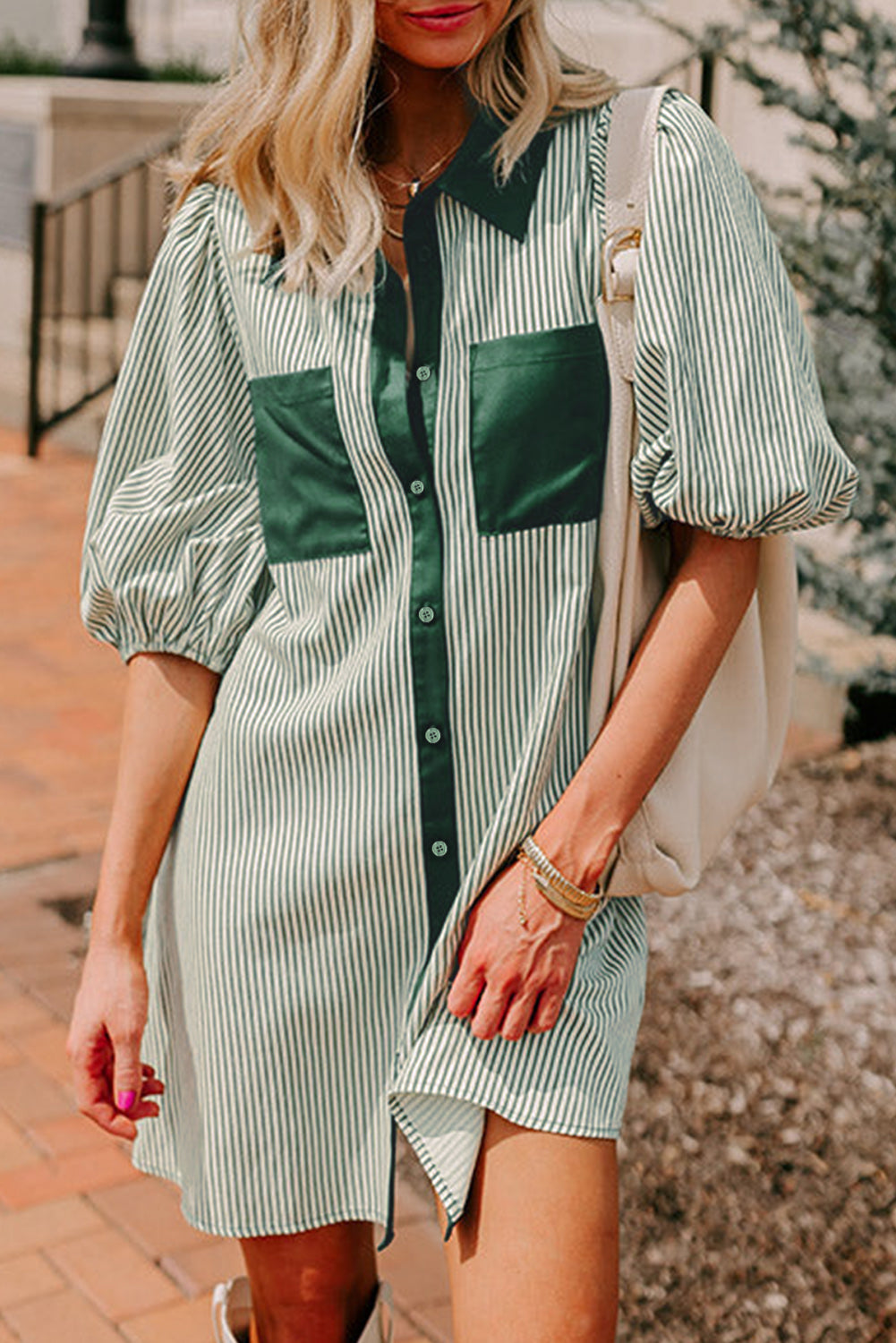 Green Patch Pockets Button Down Short Puff Sleeve Dress-TOPS / DRESSES-[Adult]-[Female]-Green-S-2022 Online Blue Zone Planet