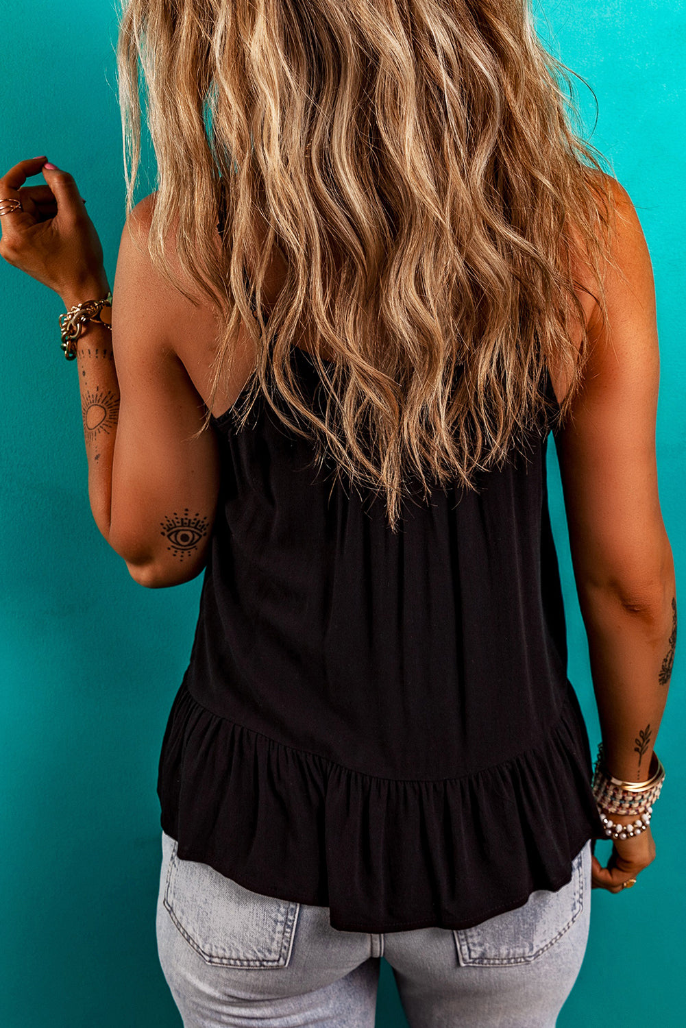 Black Floral Embroidery Ruffled Spaghetti Straps Tank Top-Tops/Tank Tops-[Adult]-[Female]-2022 Online Blue Zone Planet