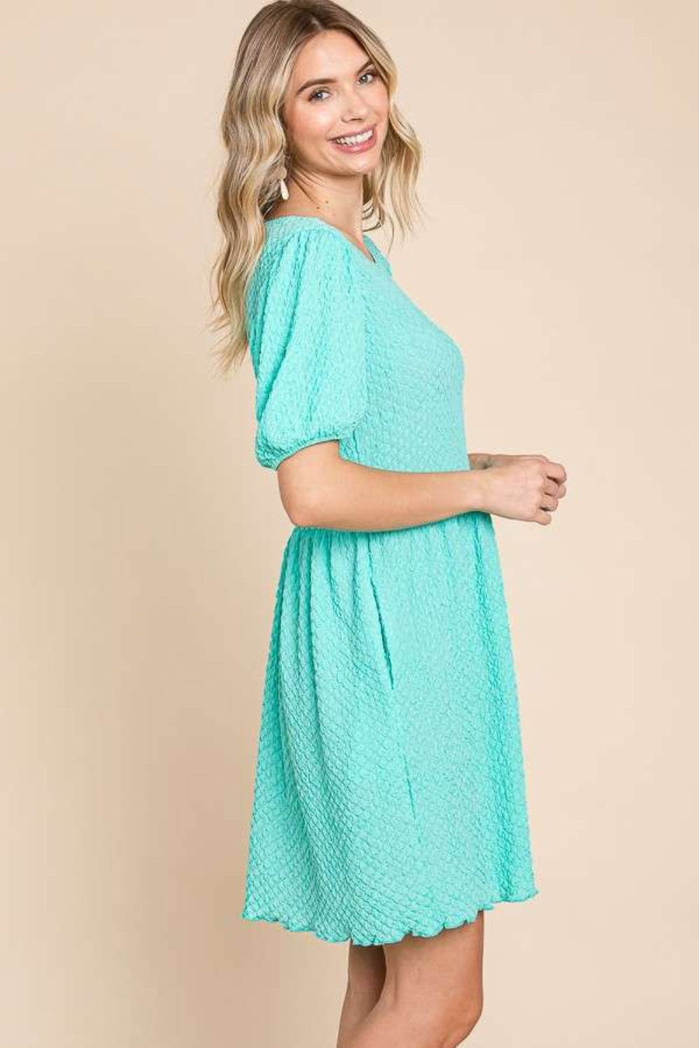 Culture Code Full Size Textured Round Neck Puff Sleeve Dress-TOPS / DRESSES-[Adult]-[Female]-2022 Online Blue Zone Planet