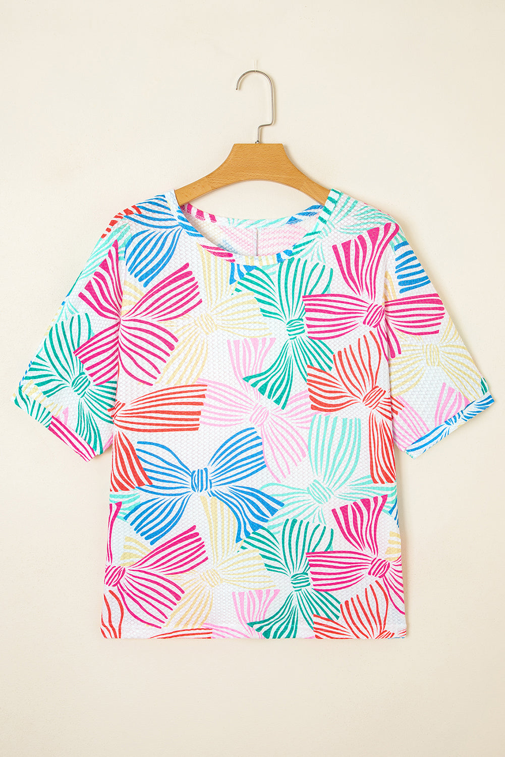 Multicolour Bowknot Printed Waffle Crewneck Loose Short Sleeve Top-Tops/Tops & Tees-[Adult]-[Female]-2022 Online Blue Zone Planet