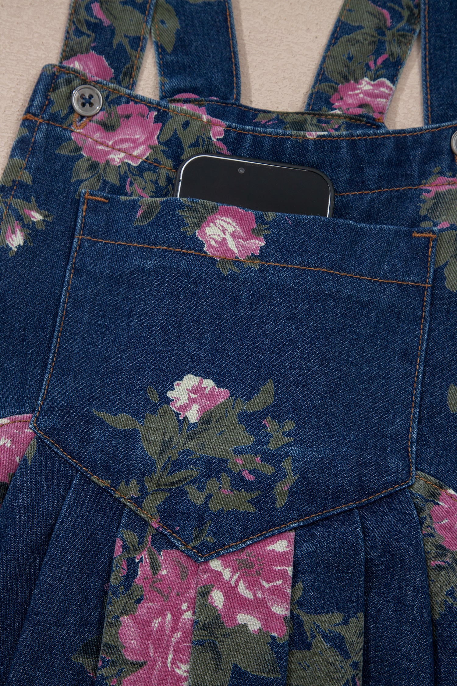 Blue Beau Floral Print Pleated High Waist Wide Leg Denim Jumpsuit-Bottoms/Jumpsuits & Rompers-[Adult]-[Female]-2022 Online Blue Zone Planet