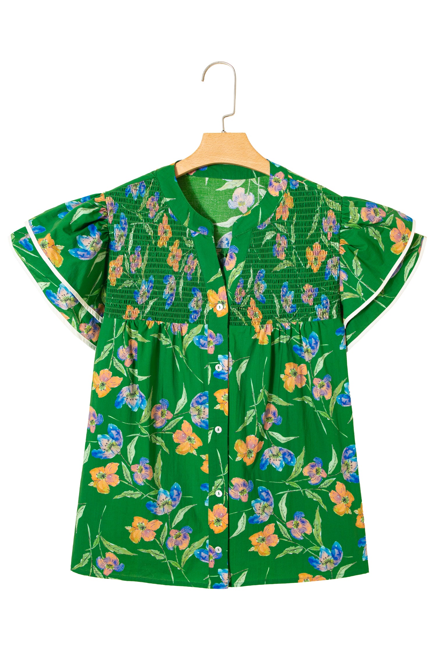 Green Plus Size Ruffled Short Sleeve Floral Top-Plus Size/Plus Size Tops/Plus Size Blouses & Shirts-[Adult]-[Female]-2022 Online Blue Zone Planet