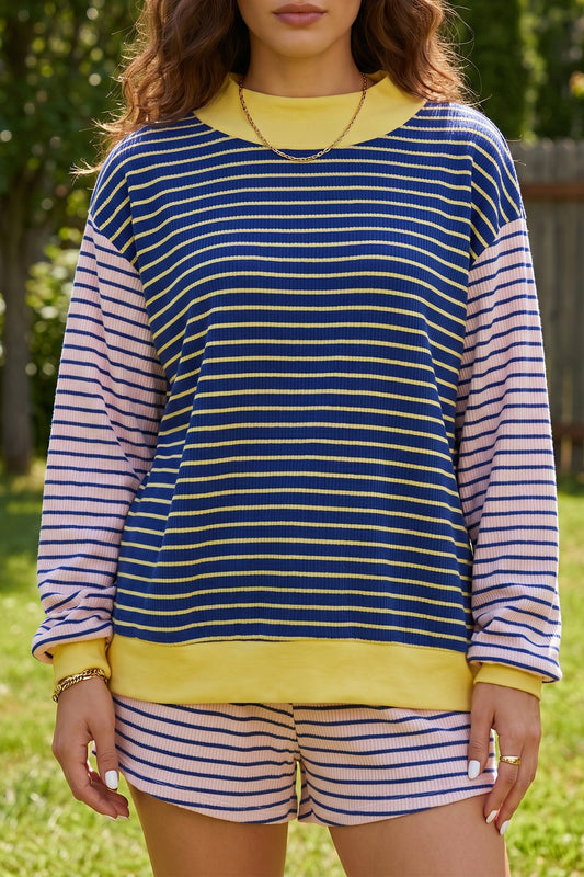 Blue Stripe Color Block Long Sleeve Pullover Ribbed Knit Casual Shorts Set-Two Piece Sets/Short Sets-[Adult]-[Female]-Blue Stripe-S-2022 Online Blue Zone Planet