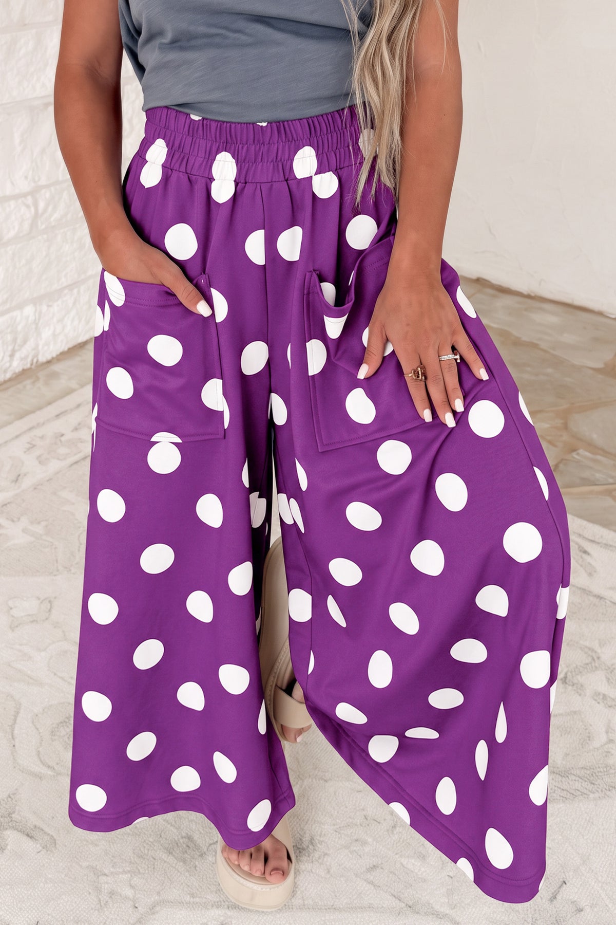 Purple Polka Dot Wide Leg Elastic Waist Casual Pants-Bottoms/Pants & Culotte-[Adult]-[Female]-Purple-S-2022 Online Blue Zone Planet