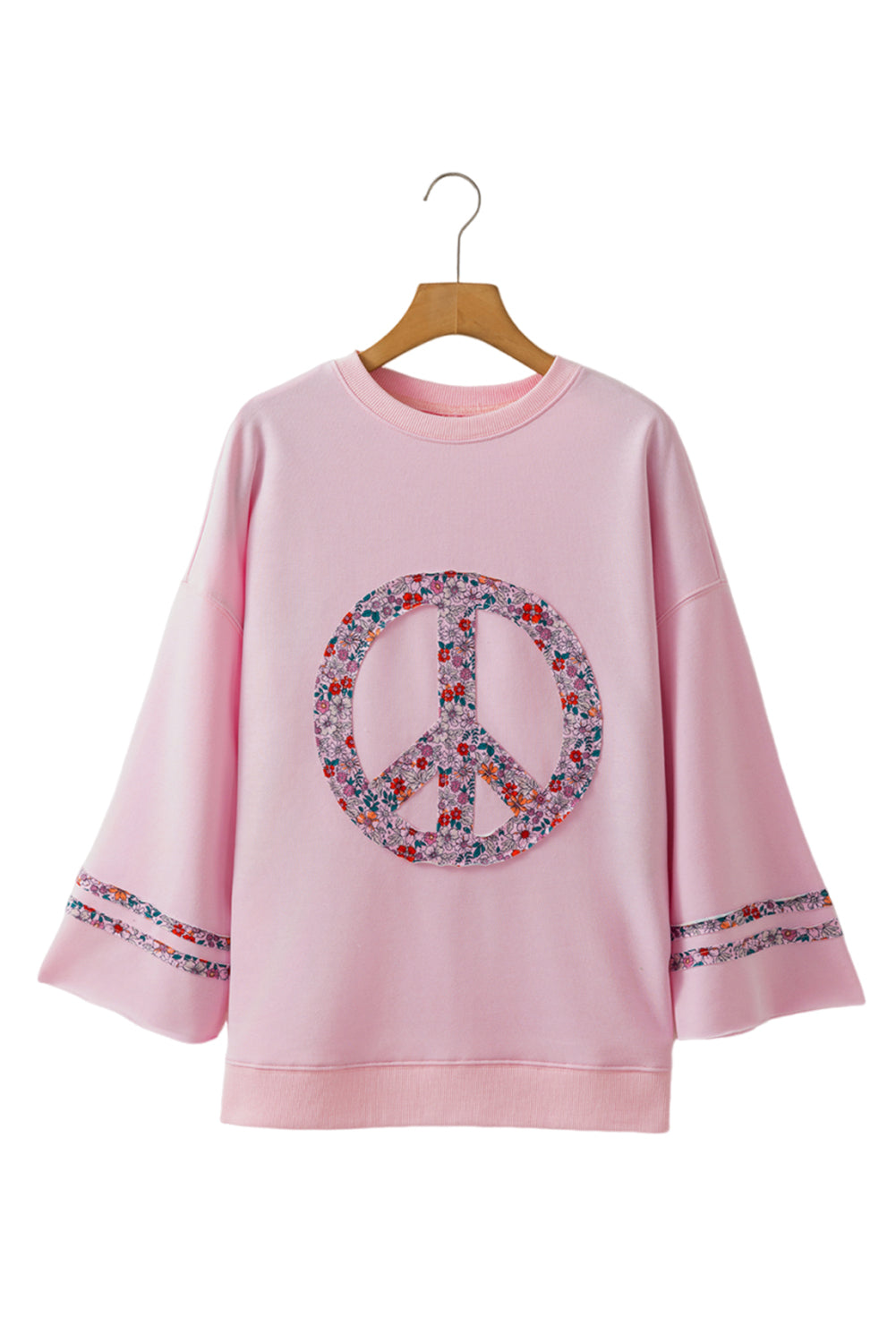 Light Pink Floral Peace Sign Drop Shoulder Top-Long Sleeve Tops-[Adult]-[Female]-2022 Online Blue Zone Planet