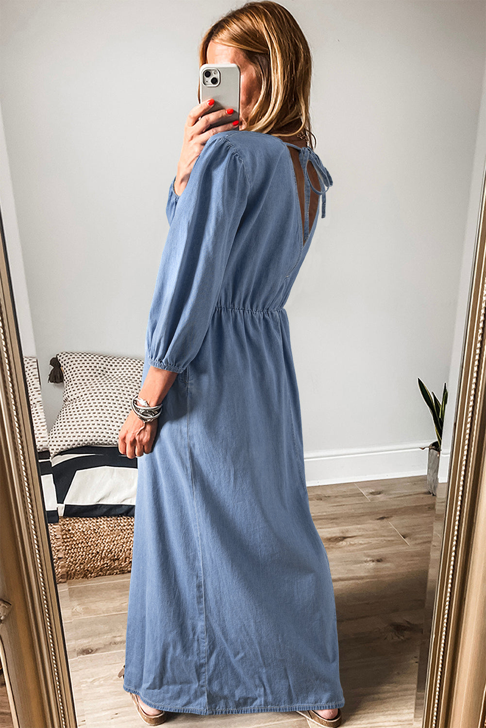 Myosotis Chambray Deep V Neck Bracelet Sleeve Maxi Dress-Dresses/Maxi Dresses-[Adult]-[Female]-2022 Online Blue Zone Planet