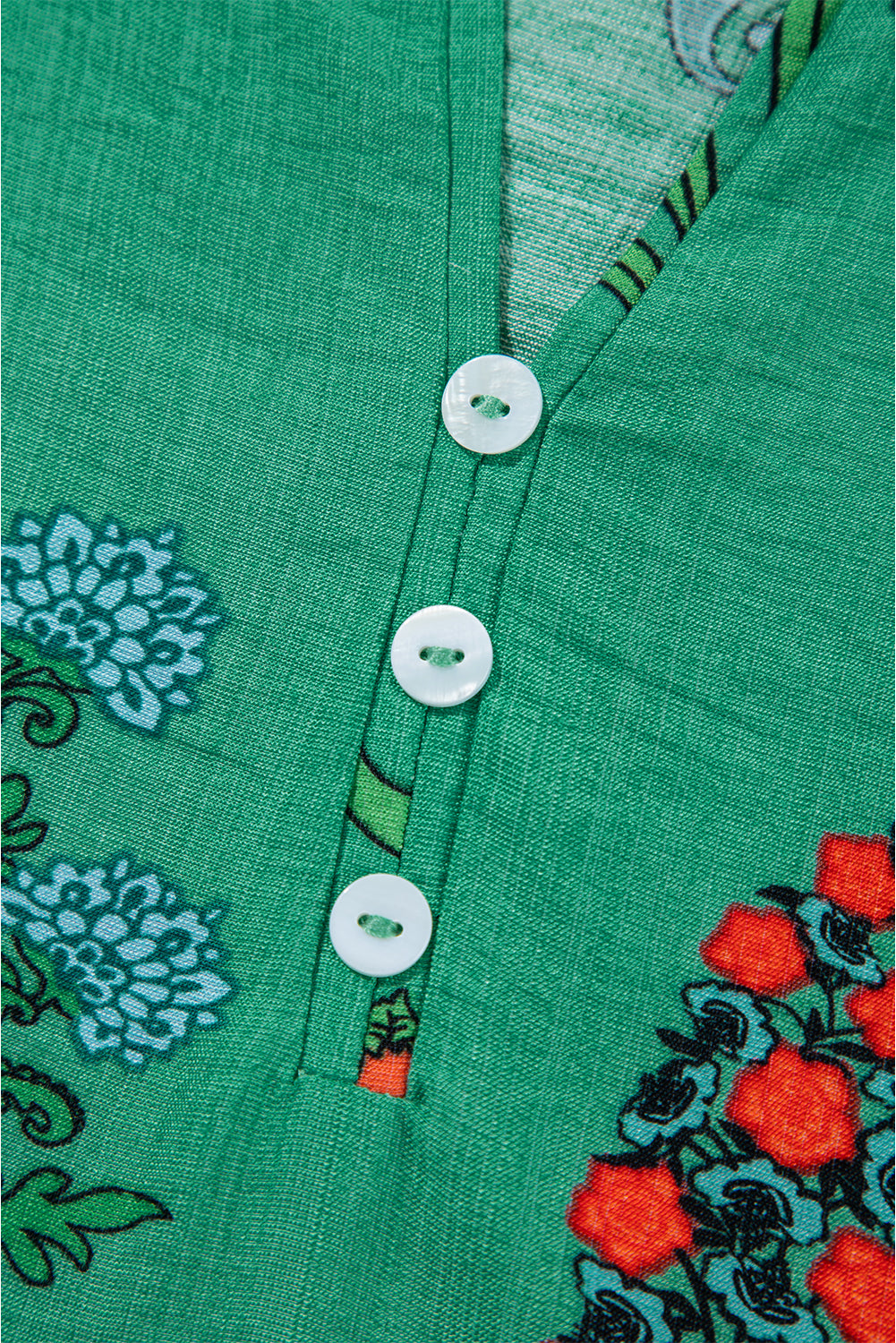 Bright Green Floral Print Buttoned V Neck Short Sleeve Blouse-Tops/Blouses & Shirts-[Adult]-[Female]-2022 Online Blue Zone Planet